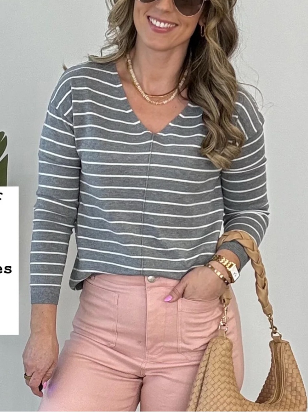 Staccato Gray & White Striped V-Neck Sweater